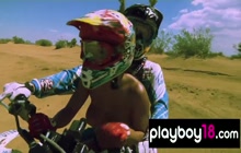 Big boobed badass nude babes trying motocross in the desert