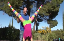 Handstand practice for petite teen ends on a cock outdoor