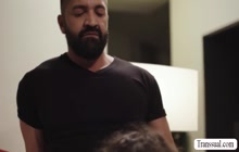 Curly haired shemale gets her ass bareback fucked by stepdad