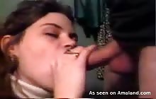Cute brunette chick gives a long blowjob until her BF cums