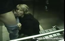 Blonde GF sucking cock while riding the elevator