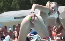 Naked girls masturbate in front of crowd outdoor