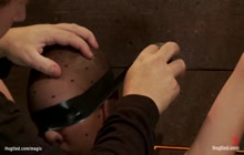 Bound blonde tormented by couple