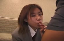 Japanese babe teased and blows cock