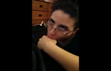 Brunette with glasses swallowing big load