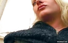 Blonde amateur babe rides cock in dude's POV